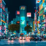 Japan - people gathered outside buildings and vehicles