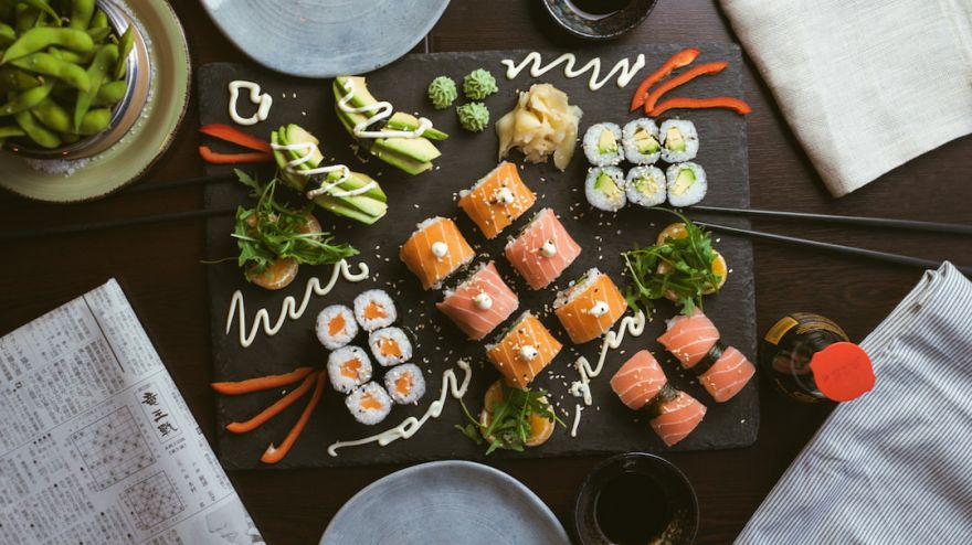 Japanese Birthday - sushi on black ceramic plate