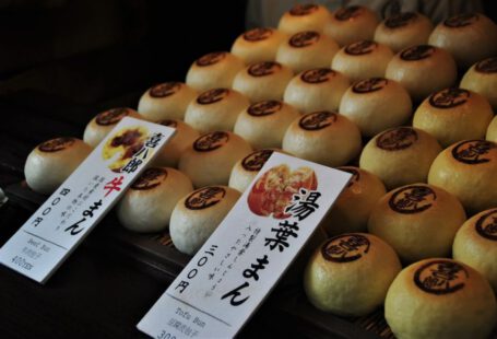 Japanese Snacks - white and brown pastry on display counter