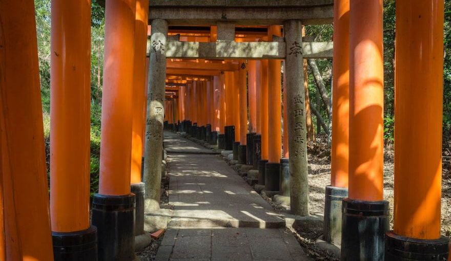 Religious Japan - orange and black wooden bridge